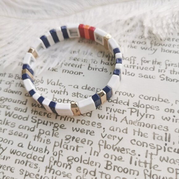 Roxanne Assoulin Project Stripe Navy White Gold Enameled Stretch Bracelet - Picture 4 of 4